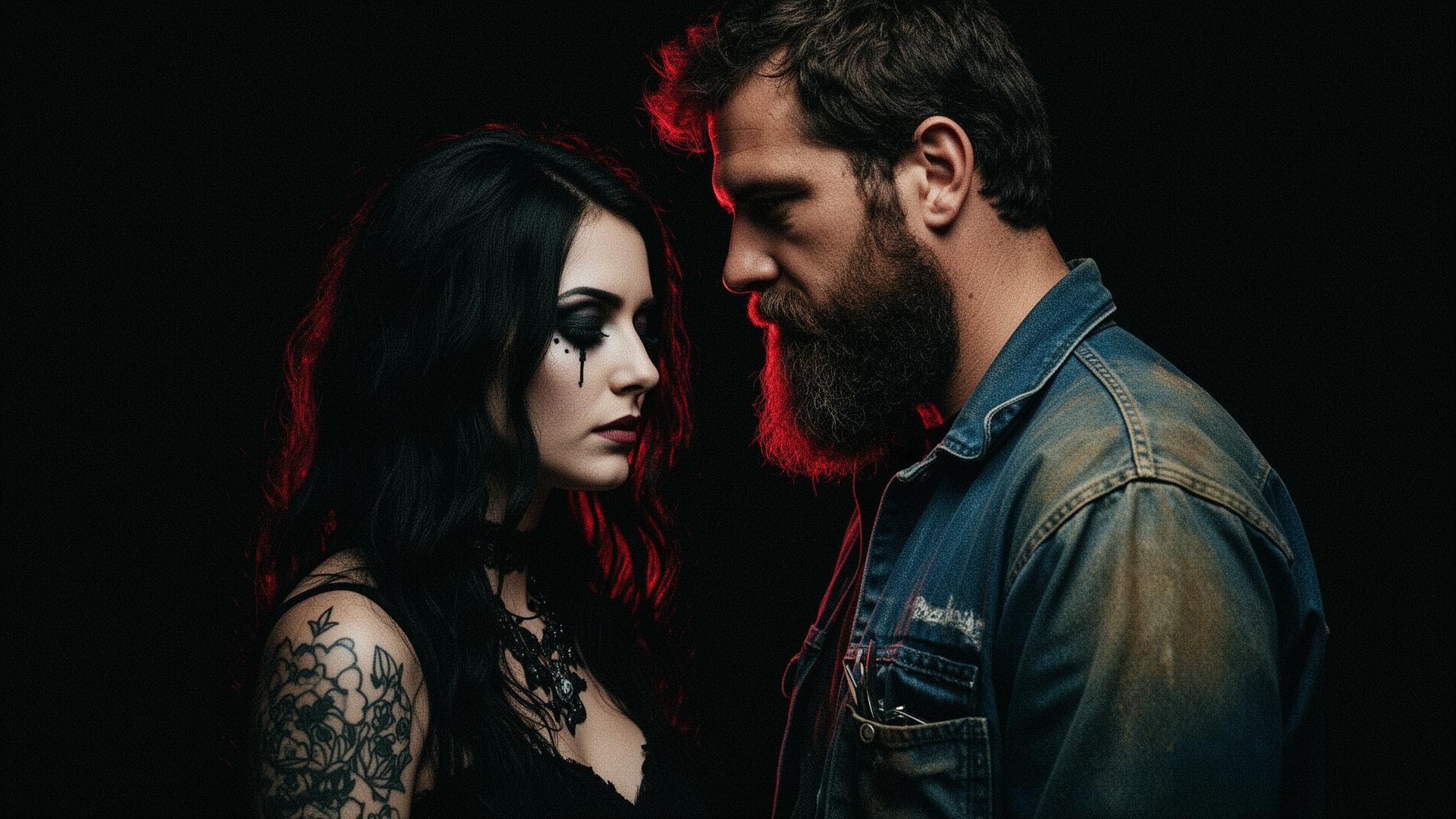 A goth woman and a bearded tradesman standing close, dramatically lit