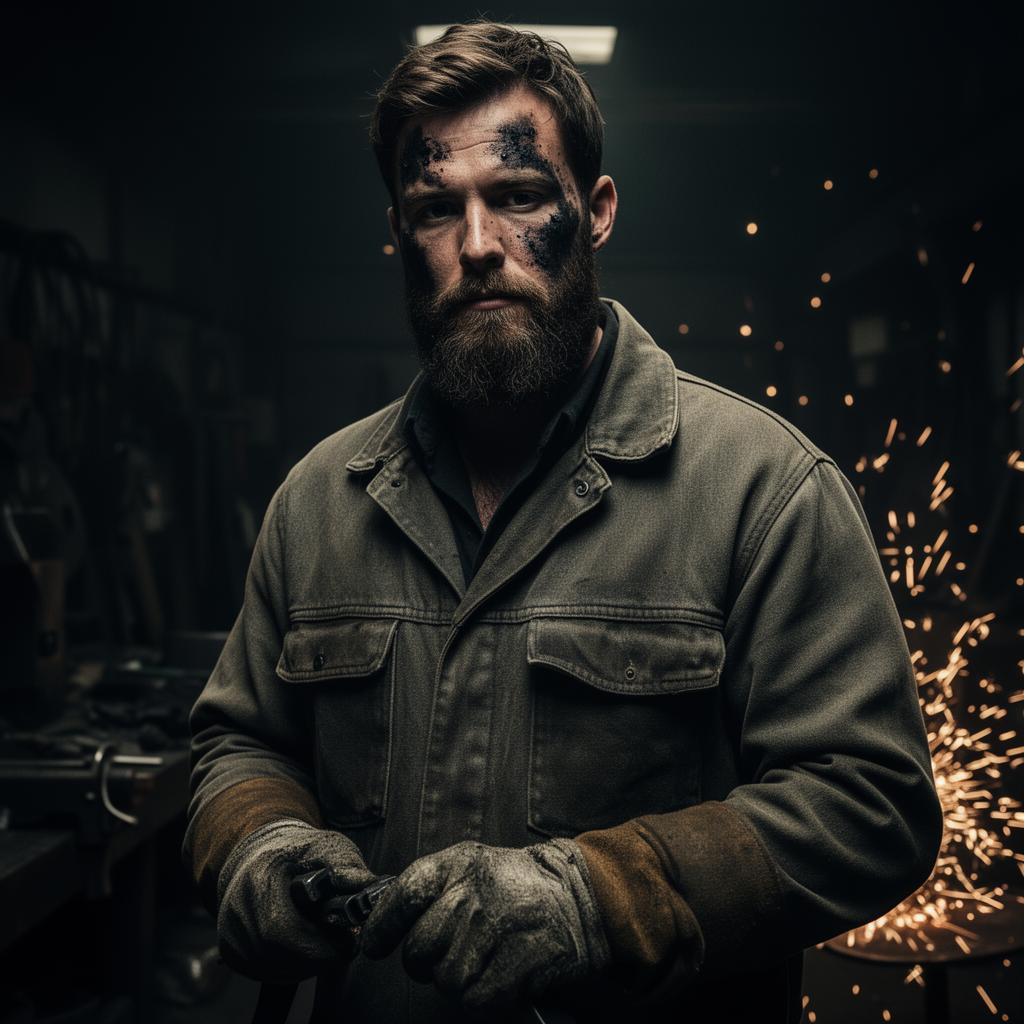 Portrait of Jake, a bearded tradesman in workwear